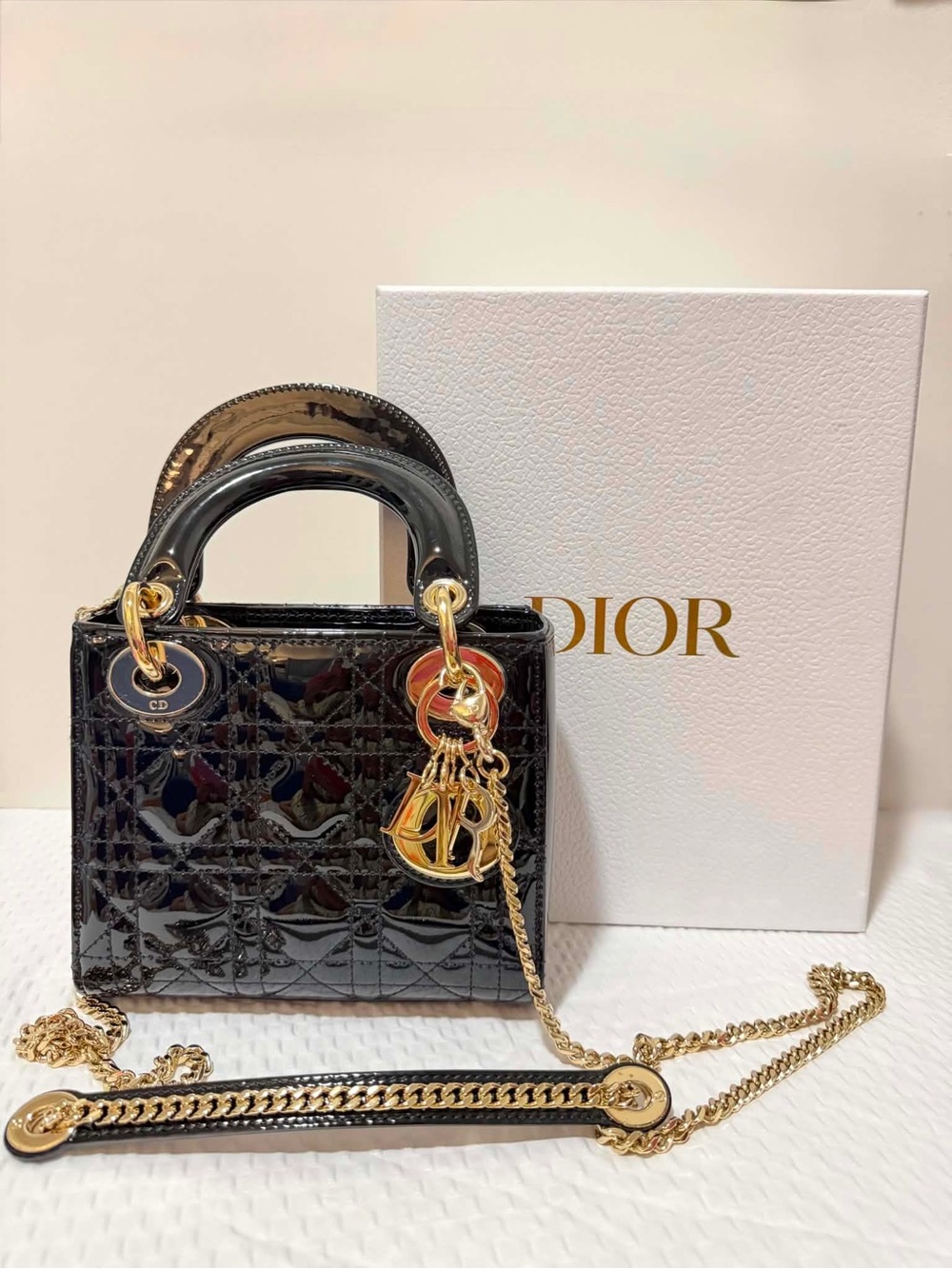 Dior Black Patent Lady Dior Mini Bag with Gold Hardware